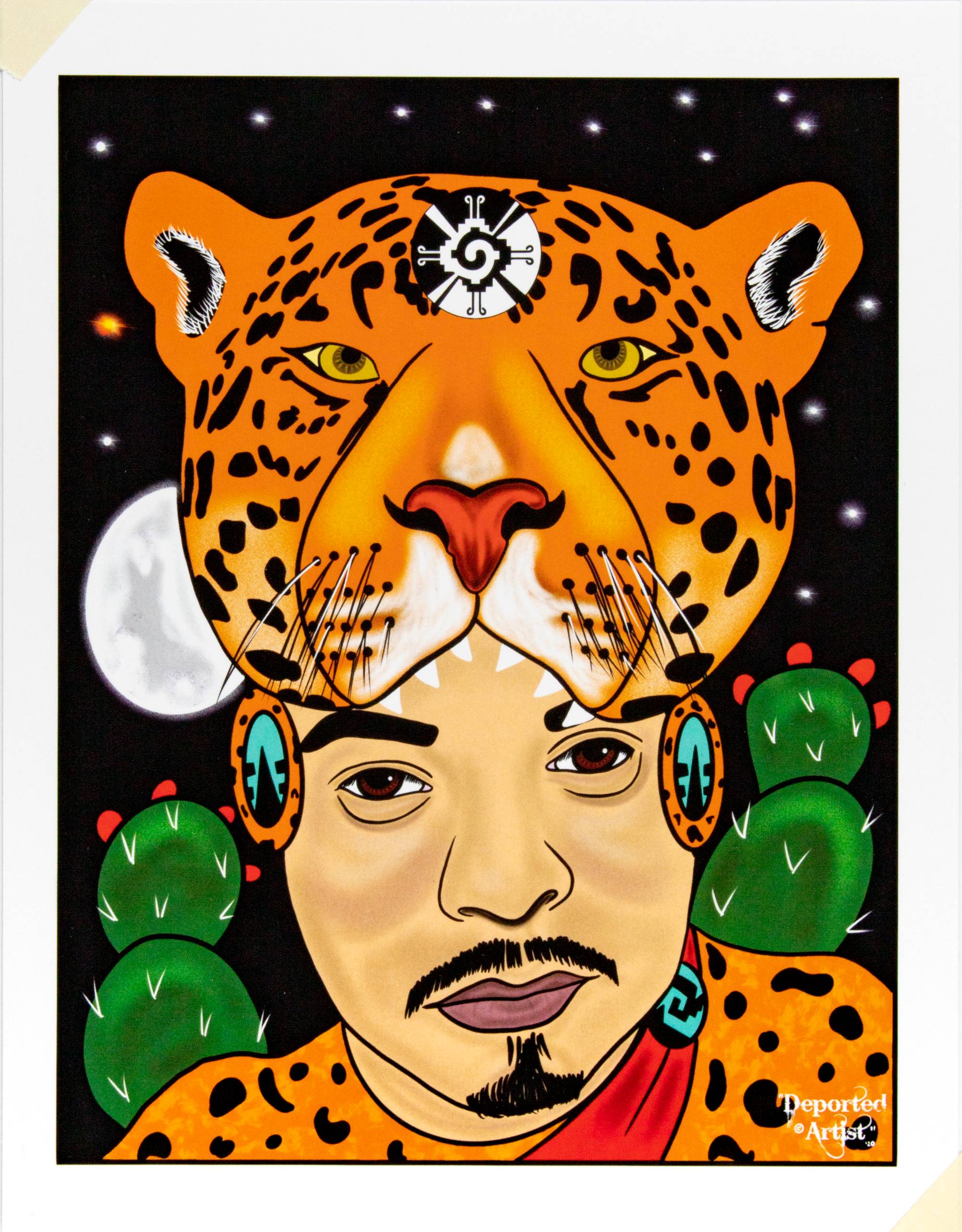 Colorful digital art print of a man wearing a jaguar head.